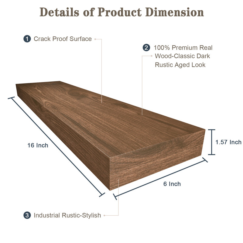 Solid Wood Floating Shelf, Walnut, 1.57" H x 16" W x 6" D