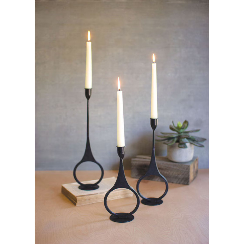  Set of Six Cast Iron Taper Candle Holders with Ring Detail Decorative Tabletop Decor Accent Black Finish