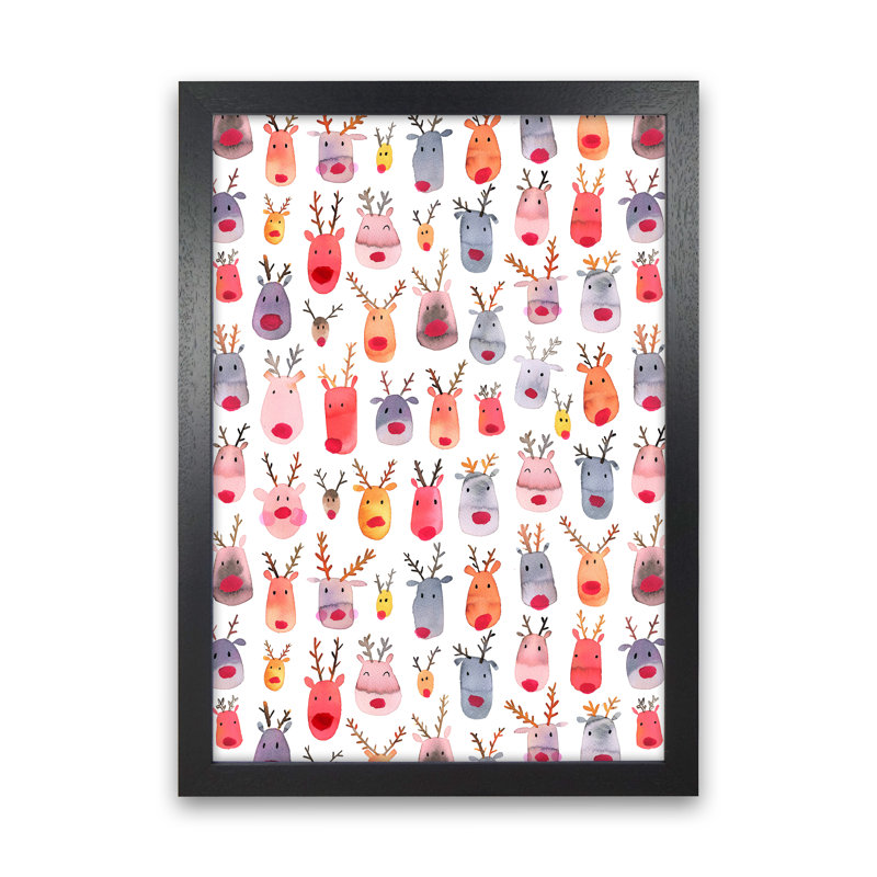 Cute Winter Reindeers Kids - Print, 63cm H x 46cm W x 3cm D, Black Framed