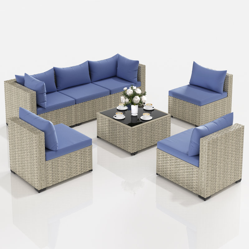 7 Pieces Rattan Patio Conversation Sets With Cushions, Haze Blue