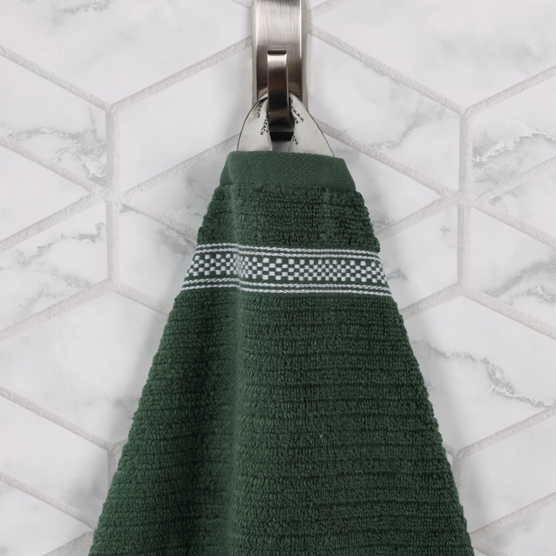Tylique Zero Twist Cotton Ribbed Modern Geometric Border Soft Highly-Absorbent Hand Towel, Forest Green