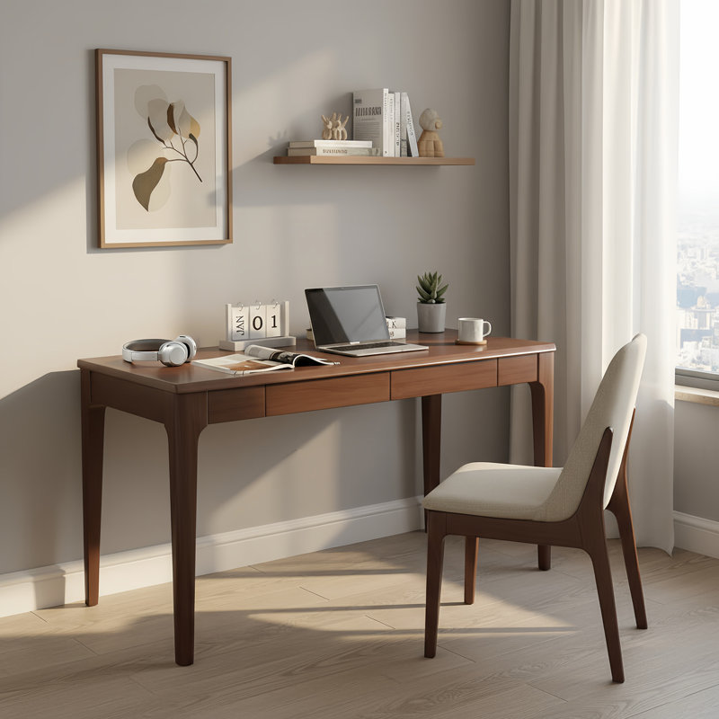 47'' Solid Wood Desk With Drawers, Mid Century Modern Writing Desk For Home Office & Small Spaces, Walnut, Dark Brown