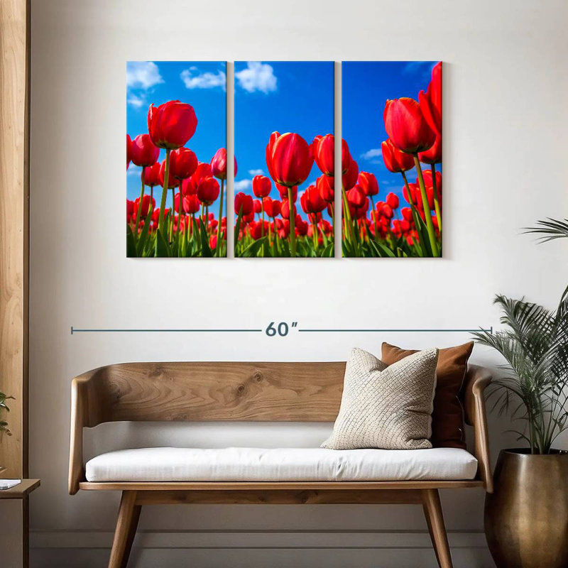 Harnek pré de tulipes rouges, H 28 po x l 45 po