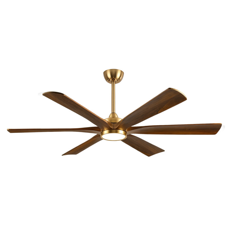 6 Blade Solid Wood Ceiling Fan with Gold Finish, Smart App Control, DC Reversible Motor, 3 Color LED Light & 6 Speed Quiet Operation (6”/12”/24” Downrods)