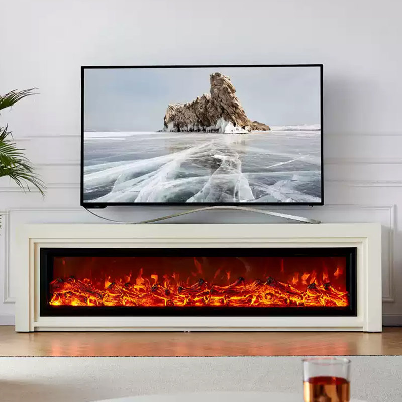 Beige Solid Wood TV Cabinet Fireplace, Beige, 23.62" H x 78.74" W x 12.99" D
