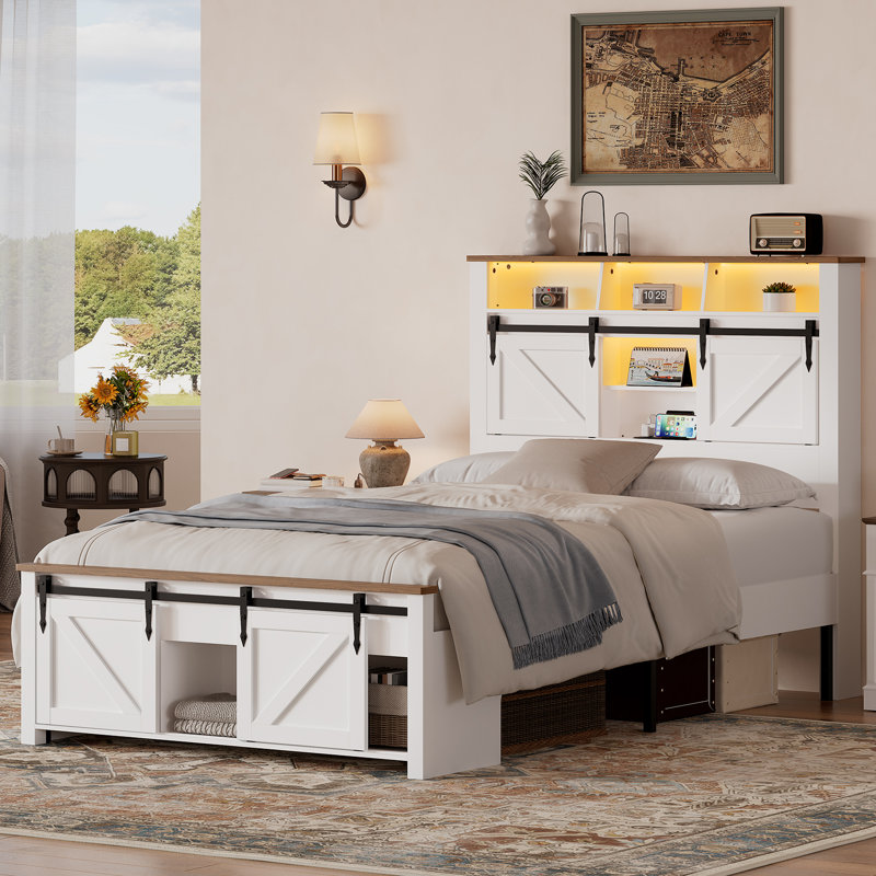 Cadre de lit simple avec porte de grange coulissante Farmhouse, Lit simple, White