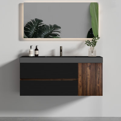 Meuble-lavabo 48 po avec finition noyer, lavabo noir mat, 2 tiroirs 1 porte, panneaux de qualité E1, poignée cachée, comptoir haut de gamme de couleur moderne, lavabo, tiroirs de porte, panneau, laque à base d'eau E0, 4,7 po
