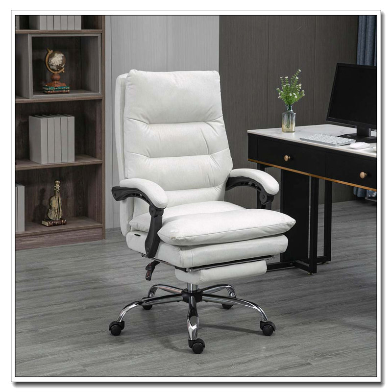 Vinsetto Microfibre Executive Massage Office Chair, Computer Desk Chair,Heated Reclining Chair With Footrest,Double-Tier Padding,Swivel Wheels,Cream White