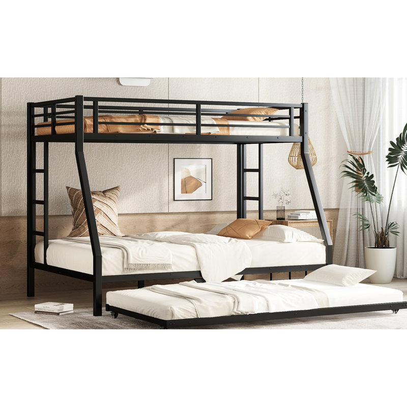 Black Metal Twin Over Full Bunk Bed With Trundle - Solid Quality, Silent Movement, Space Saving, Guardrail Protection, Simple Assembly Storage Benefit, Reinforced Bottom, Convenient Setup