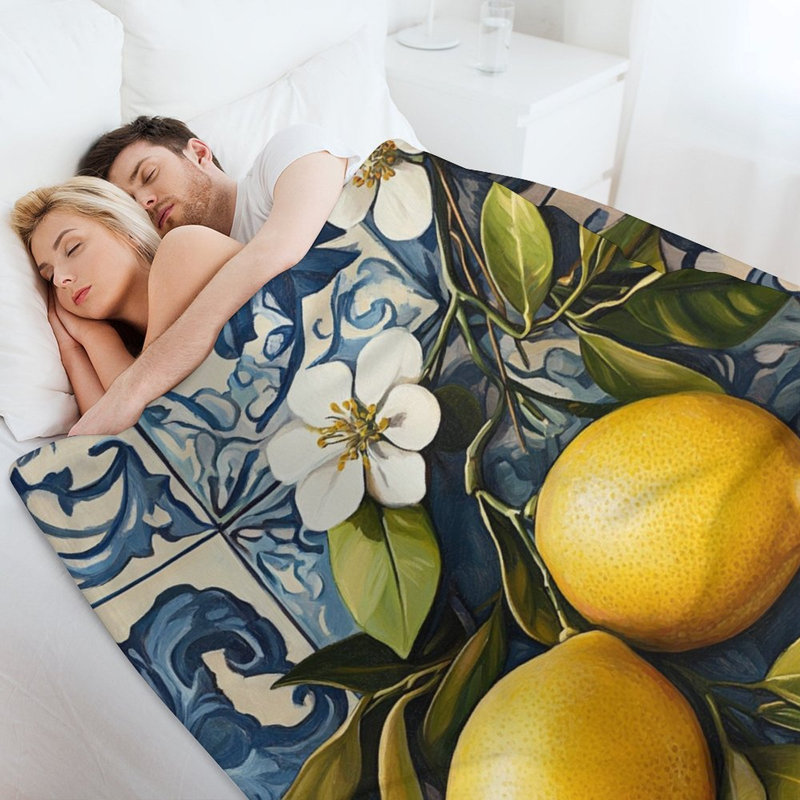 Jeté en flanelle de luxe citrons sur fond de carreaux bleus, couverture douce et chaude pour le salon, 30 po x 40 po