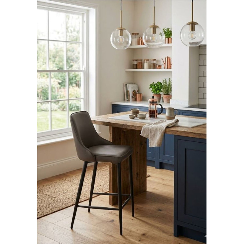 Modern PU Leather Counter Stool – 25.5" Seat Height with Black Metal Legs for Kitchen Island or Bar, Gray
