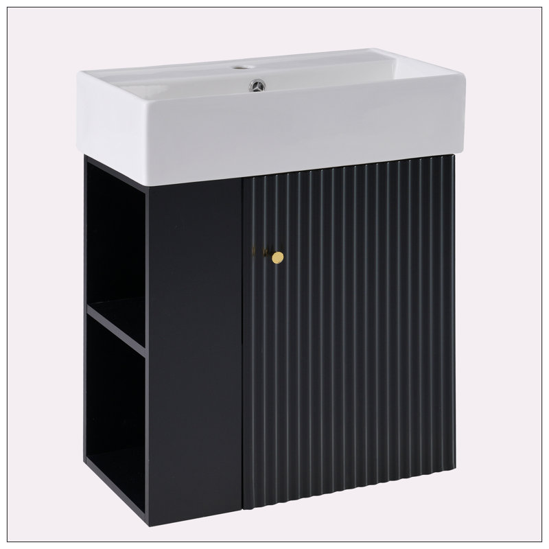 Meuble-lavabo flottant 21,6 po avec lavabo en céramique, rangement à gauche, Noir, noir, noir, noir