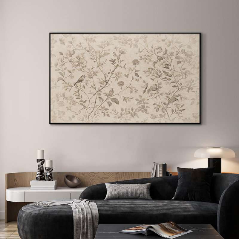 Extra Large Wall Art Fabric Print - Vintage Botanical Floral Drawing with Bird Artwork Decor for Living Room or Bedroom - "Frame Assembly Required (Unfinished Frame)"