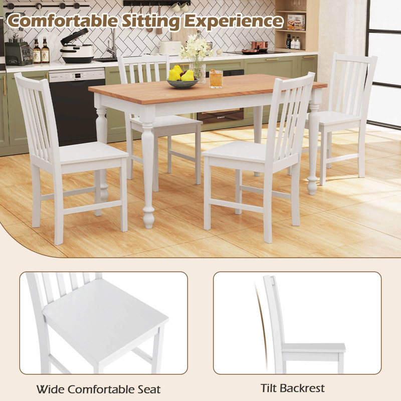 Ensemble de 4 chaises de salle à manger rustiques avec dossier inclinable à lattes, siège large, pieds en bois d'hévéa blanc