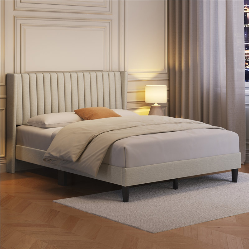 Upholstered Bed Frame with Wing Side, Beige, King
