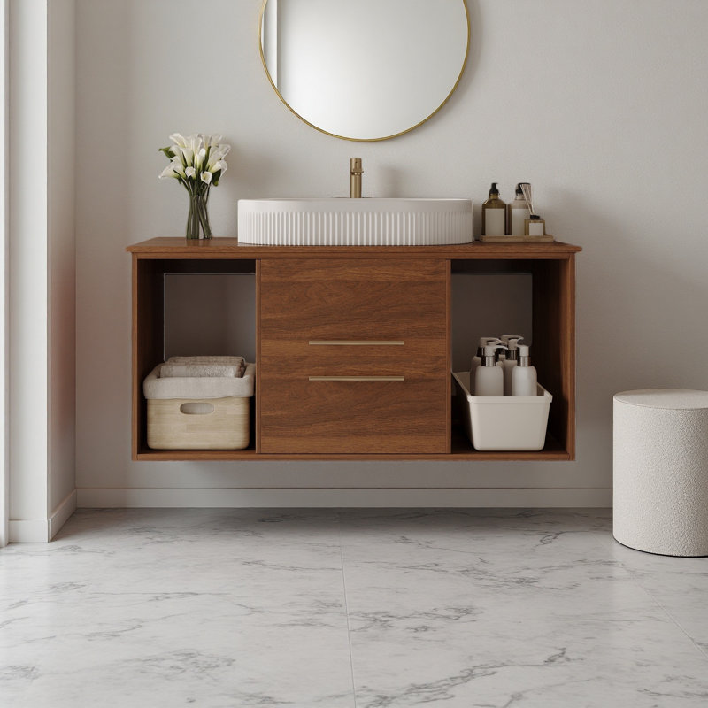 Meuble-lavabo mural de 39,4 po avec lavabo ovale en céramique, tiroirs à fermeture en douceur et deux tablettes ouvertes