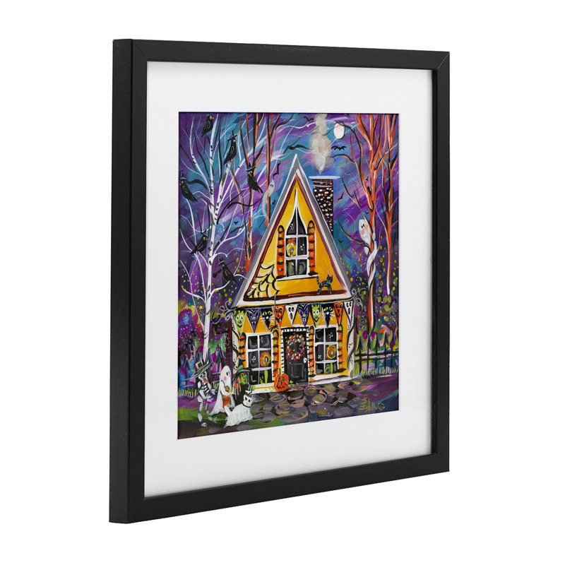 Reproduction sous verre d'Halloween Party House encadrée, conception par Estelle Grengs, H 13 po x l 13 po, Cadre noir minuit