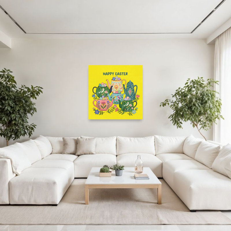 Joyeuses Pâques, théières, oiseau fantaisiste coloré, printemps, impression murale, 48" H x 48" W