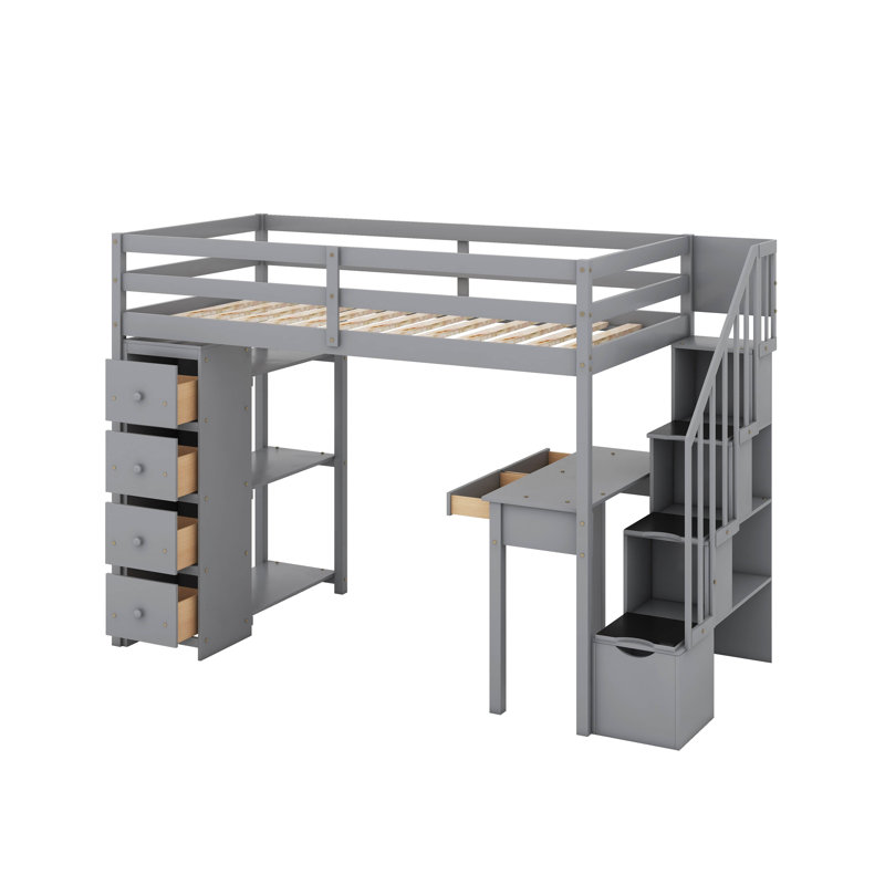 Twin Loft Bed With Drawers,Desk And Stairs, Gray