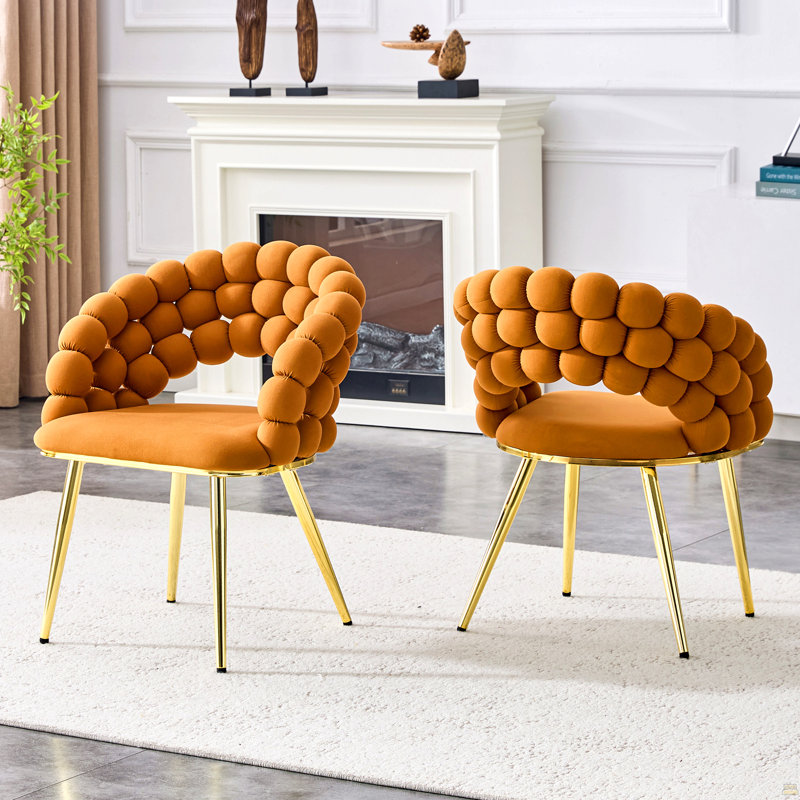 Ensemble de 2 chaises de salle à manger en velours avec chaînes et boules plaquées or, Orange, Doré