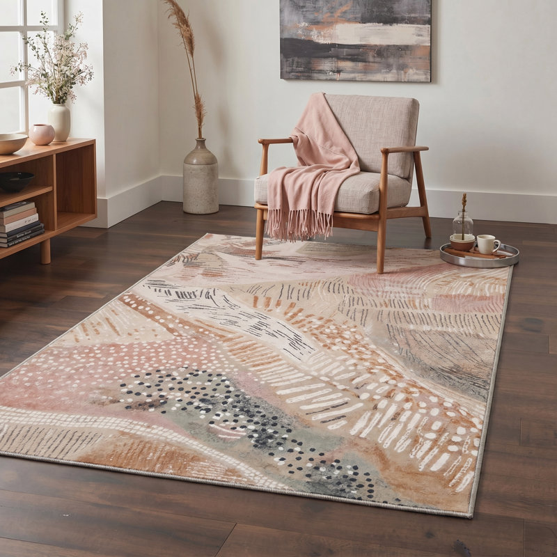 Tonicka Aura Abstract Machine Washable Beige Indoor Area Rug with Non-Slip Backing, Round 5'