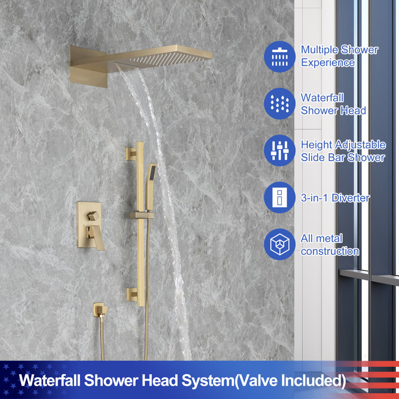 Diverter Complete Shower System with Rough in-Valve, Gold