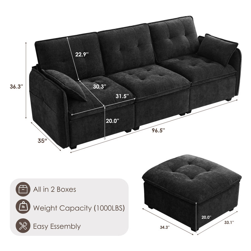 Canapé modulaire en chenille avec repose-pieds Cloud, Chenille noir