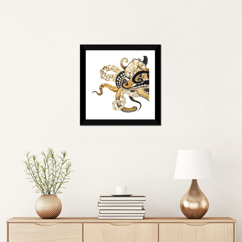 Pieuvre métallique - impression, Blanc, Papier encadré noir, H 16 po x l 16 po x p 1 po
