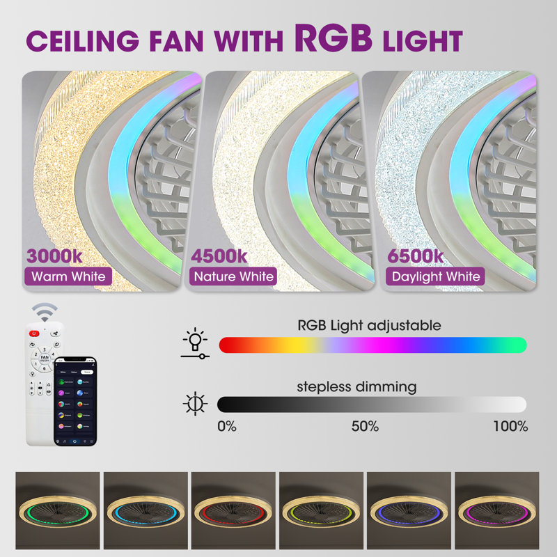 Makaiyla 20" Flush Mount Ceiling Fan Lights With RGB LED and Remote&App Control