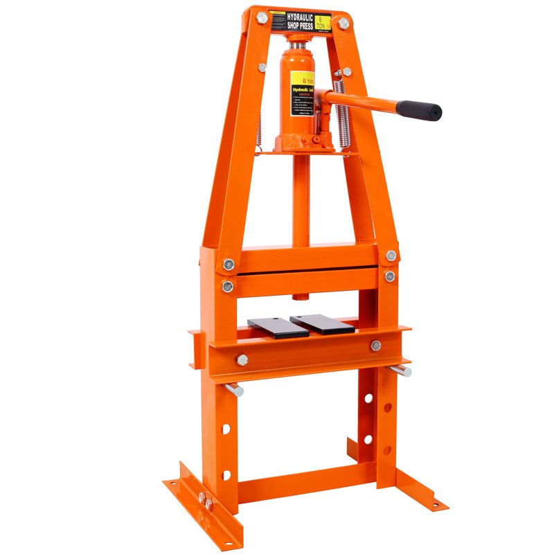 Presse d'atelier hydraulique de 6 tonnes à cadre en A, de table, en acier au carbone et au manganèse, orange, monobloc, avec 3 réglages de hauteur et plaques de pression