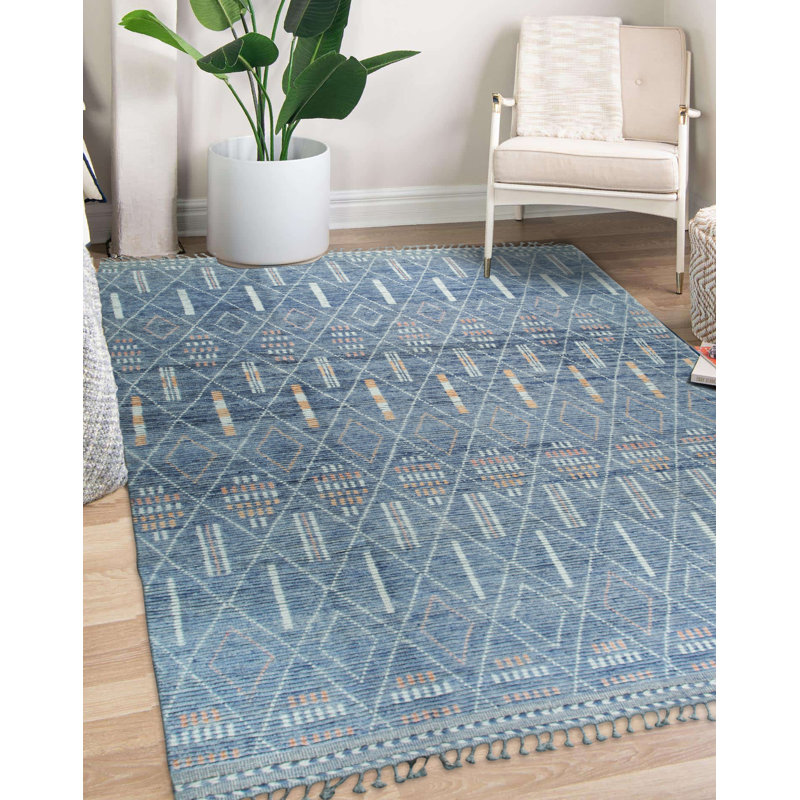 Tapis décoratif décoratif contemporain en laine noué à la main bleu Marrakech, Rectangle 8 pi x 11 pi