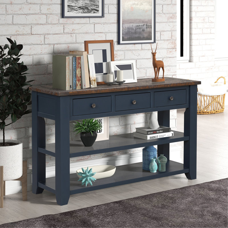Console en bois de pin massif, table d'appoint moderne avec 3 tiroirs de rangement et 2 tablettes. Facile à assembler, Marine