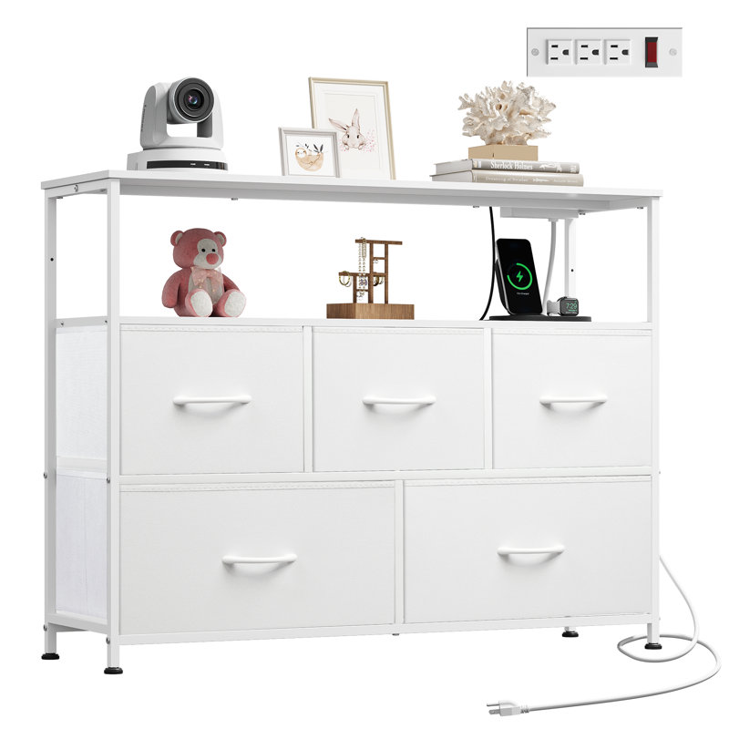 Commode 5 tiroirs avec station de charge, meuble télé avec tablette ouverte et prise de courant pour téléviseur de 45 po, commode de salon, placard, entrée