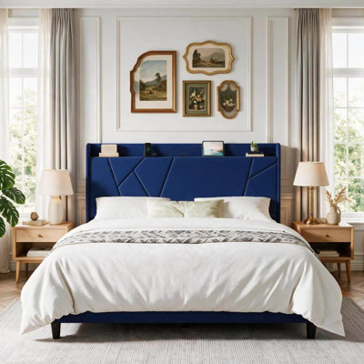 King Bed Frame with Storage Shelf and Upholstered Headboard, Blue | Wingback Velvet Platform Bed Frame with Charging Station, Solid Wood Slats Support, No Box Spring Needed, Easy Assembly