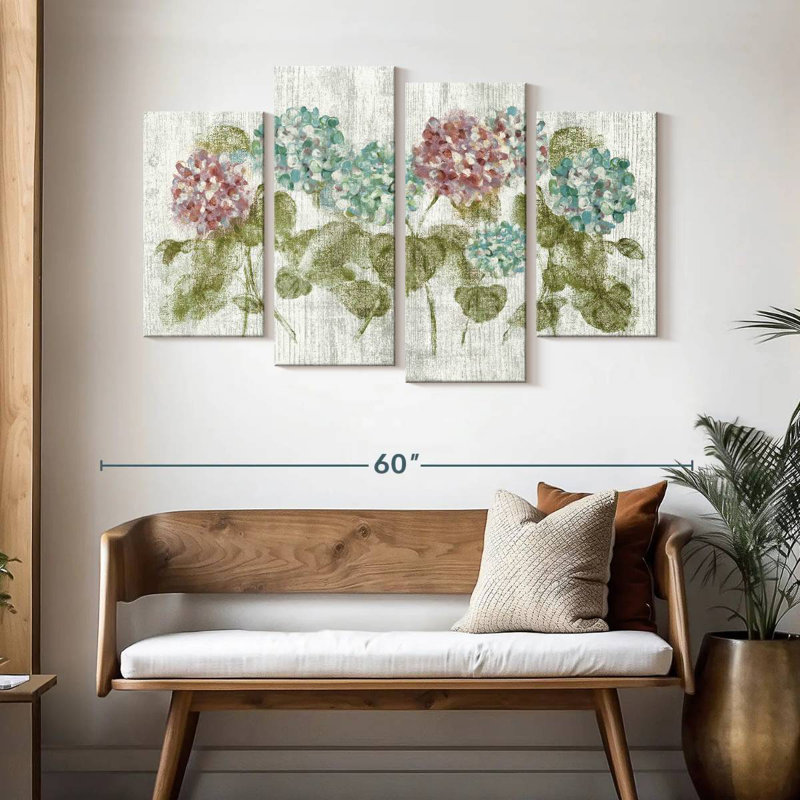 Harnek, rangée vibrante d'hortensias sur bois, H 32 po x l 52 po