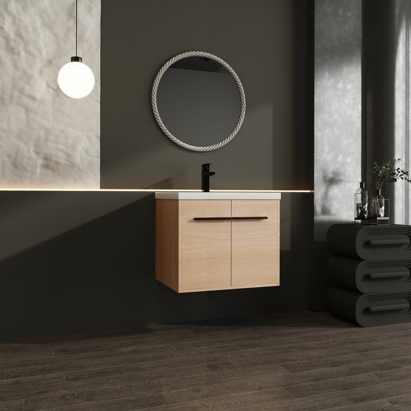 Oak 24 Inch Bathroom Vanity with resin Countertop Sink, 2 Doors Bathroom Cabinet Set