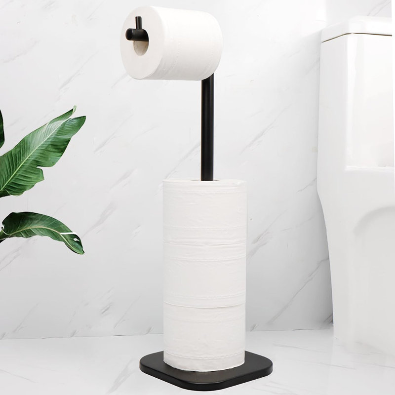 Porte-papier hygiénique sur pied avec rangement, support en acier inoxydable avec base lestée, peut contenir 5 rouleaux, noir mat
