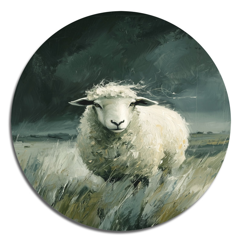 «Stormy Pasture Of Sheep I - Sheep», art mural rond en métal blanc moderne, H 36 po x l 36 po