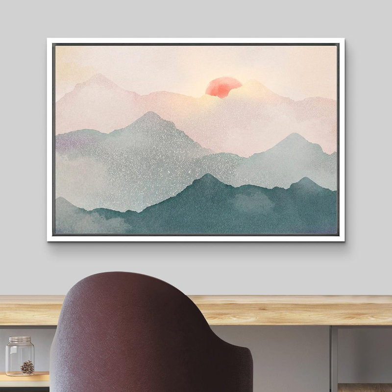 Pastel bleu sarcelle aube rose montagne nature art moderne abstrait paysage salon chambre bureau, Cadre flottant blanc