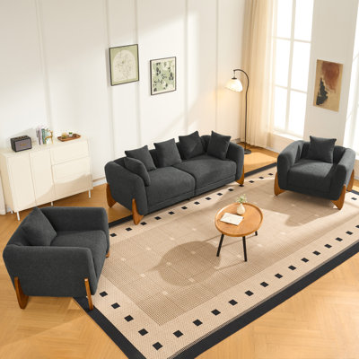 Ensemble de canapés modernes Cloud 3 pièces, canapé 3 places en bouclette et deux fauteuils d'appoint, fauteuil de lecture moderne capitonné avec coussin assorti, fauteuil confortable pour le salon, noir