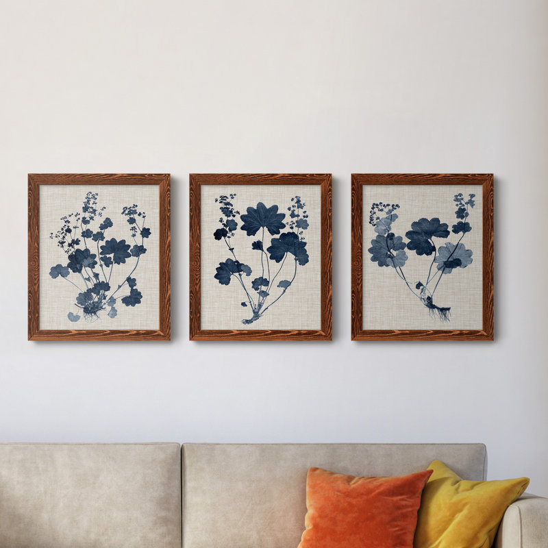 Bleu marine et feuilles de lin II - ensemble de 3 peintures sur toile encadrées, H 20 po x l 51 po x P 1,5 po, Érable