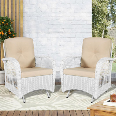 Bayou Breeze 2-piece Outdoor White Wicker Glider Rocking Chair, Patio Rattan Swing Glider Chairs With Cushions & Steel Frame, All-weather Gliding Lawn Wicker Furniture For Garden Backyard