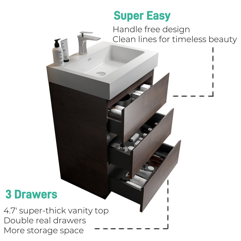 Ensemble de meuble-lavabo simple autoportant avec lavabo 24 po 3 tiroirs Virble, Blanc