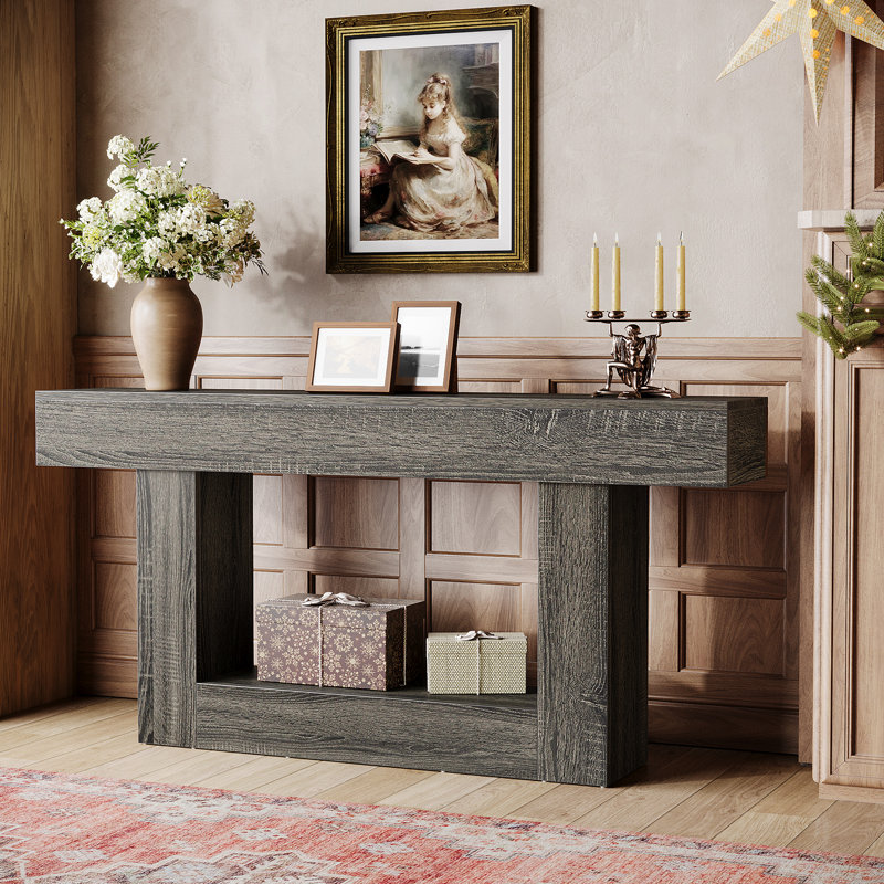 63" Console Table, Farmhouse Entryway Table, Narrow Wood Sofa Table for Living Room, Foyer, Dark Gray