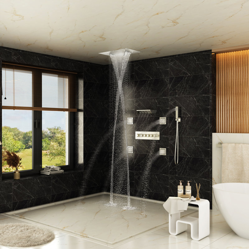 Système de douche thermostatique encastré 5 fonctions L 23 po x l 16 po avec bec de massage pour le cou et 4 jets corporels