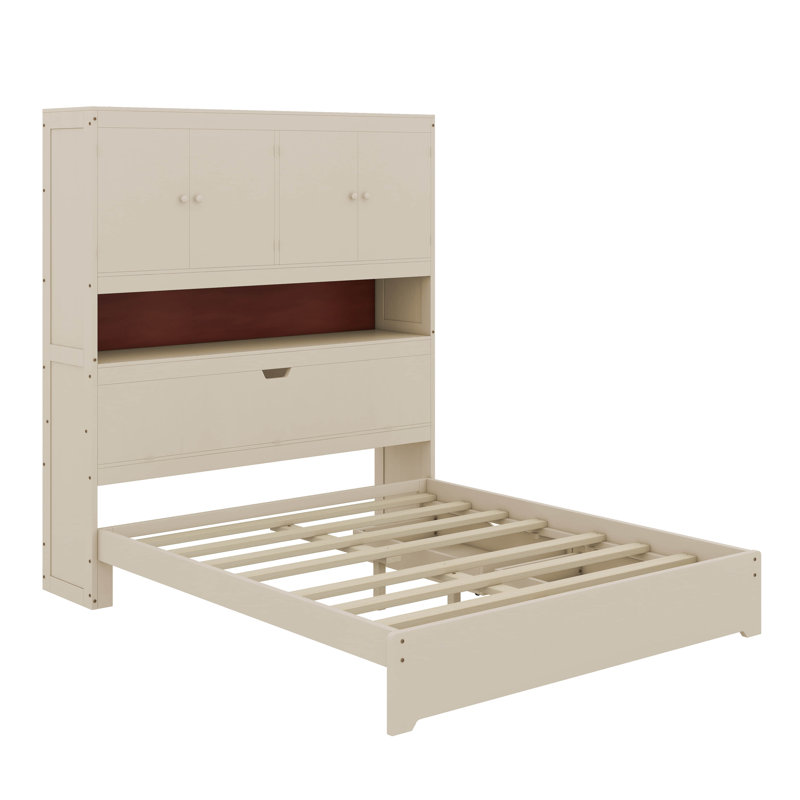 Lit plateforme double en bois avec USB, tête de lit et tiroirs de rangement, Crème, crème