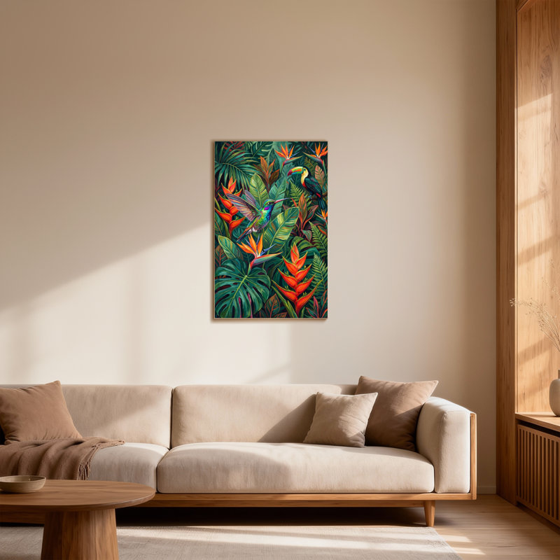 Animaux, oiseaux tropicaux et motif de feuillage luxuriant, H 24 po x l 36 po