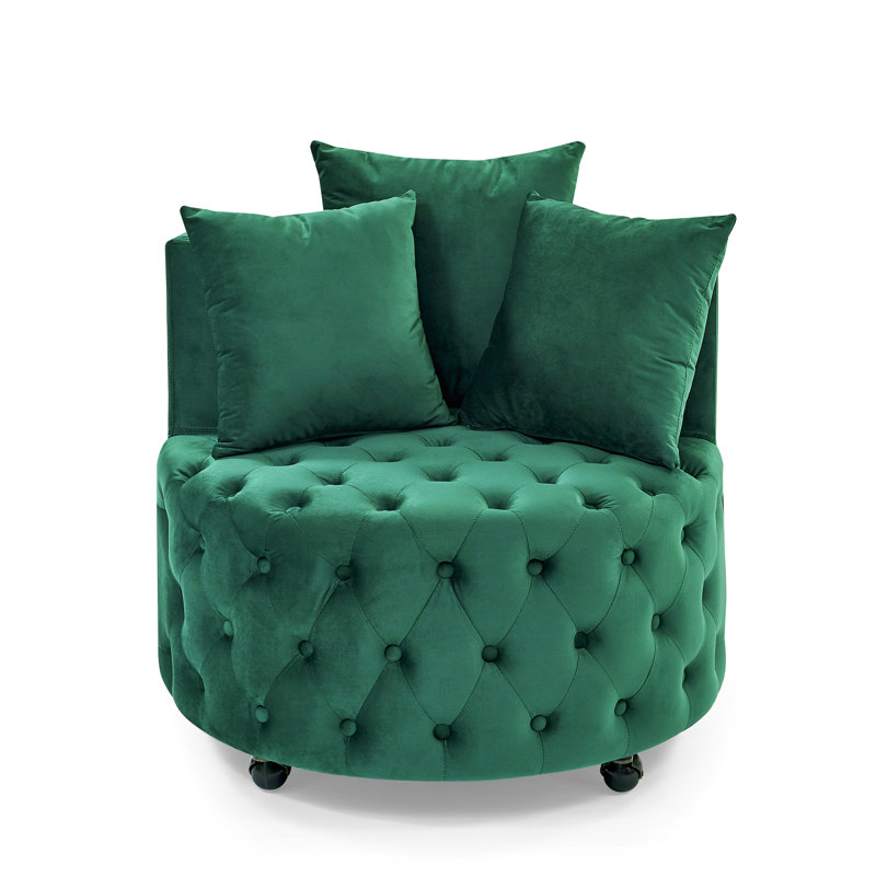 Fauteuil pivotant en velours confortable, conception à boutons, roues mobiles, idéal pour le salon, 3 coussins, crée une atmosphère