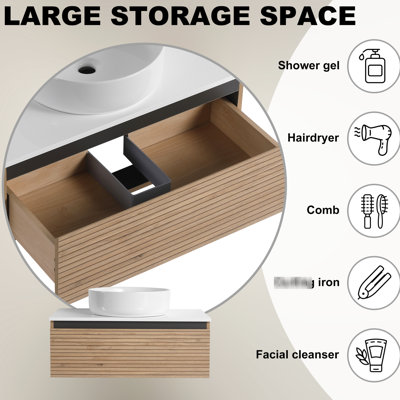 Meuble-lavabo de 76 cm (30 po) avec lavabo en céramique blanche, tiroir à fermeture douce, rayures estivales tendance, base extensible 2/3 à faible absorption d'eau et système d'ouverture silencieux et facile.