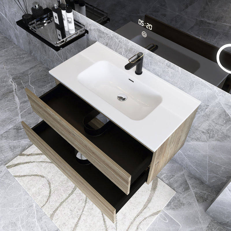 Grand meuble-lavabo mural moderne pré-assemblé en chêne brut avec lavabo en céramique intégré